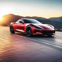 Generate an image of a sleek, modern sports car shining under the setting sun.