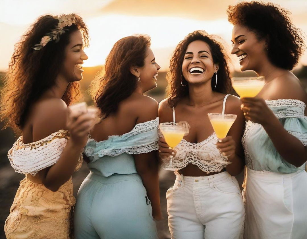 Group of women laughing joyfully, their backs turned towards the viewer, holding margaritas, while looking at a stunning aesthetic sunset