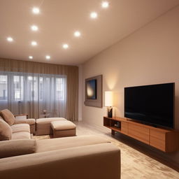 A spacious living room with no windows, illuminated with soft artificial lighting. It features comfortable modern furniture, a large television mounted on the wall, and tasteful interior decor.