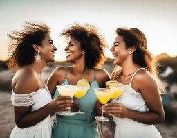 Group of women laughing joyfully, their backs turned towards the viewer, holding margaritas, while looking at a stunning aesthetic sunset