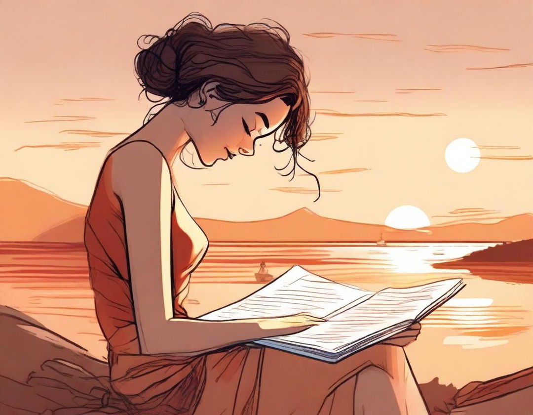 Character design of a woman, her back to us, deeply engrossed in writing in her journal while a romantic sunset bathes the scene in warm hues