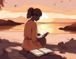 Character design of a woman, her back to us, deeply engrossed in writing in her journal while a romantic sunset bathes the scene in warm hues