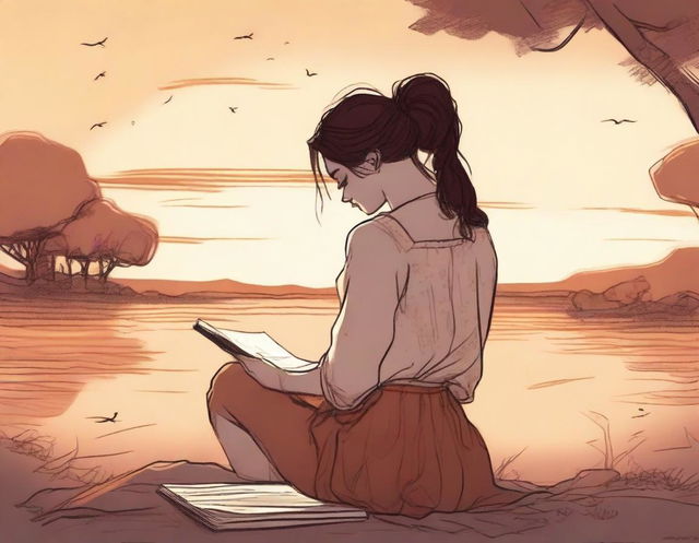 Character design of a woman, her back to us, deeply engrossed in writing in her journal while a romantic sunset bathes the scene in warm hues