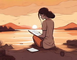 Character design of a woman, her back to us, deeply engrossed in writing in her journal while a romantic sunset bathes the scene in warm hues