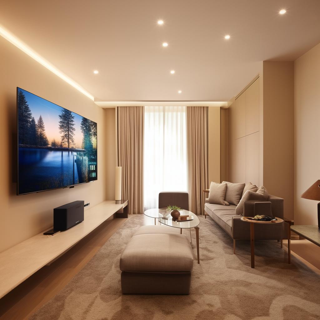 A spacious living room with no windows, illuminated with soft artificial lighting. It features comfortable modern furniture, a large television mounted on the wall, and tasteful interior decor.