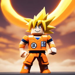 Goku from Dragon Ball reimagined as a Roblox character with blocky yellow hair, square eyes, cubic physique and his traditional orange gi translated into the Roblox world against a minimalist sky background