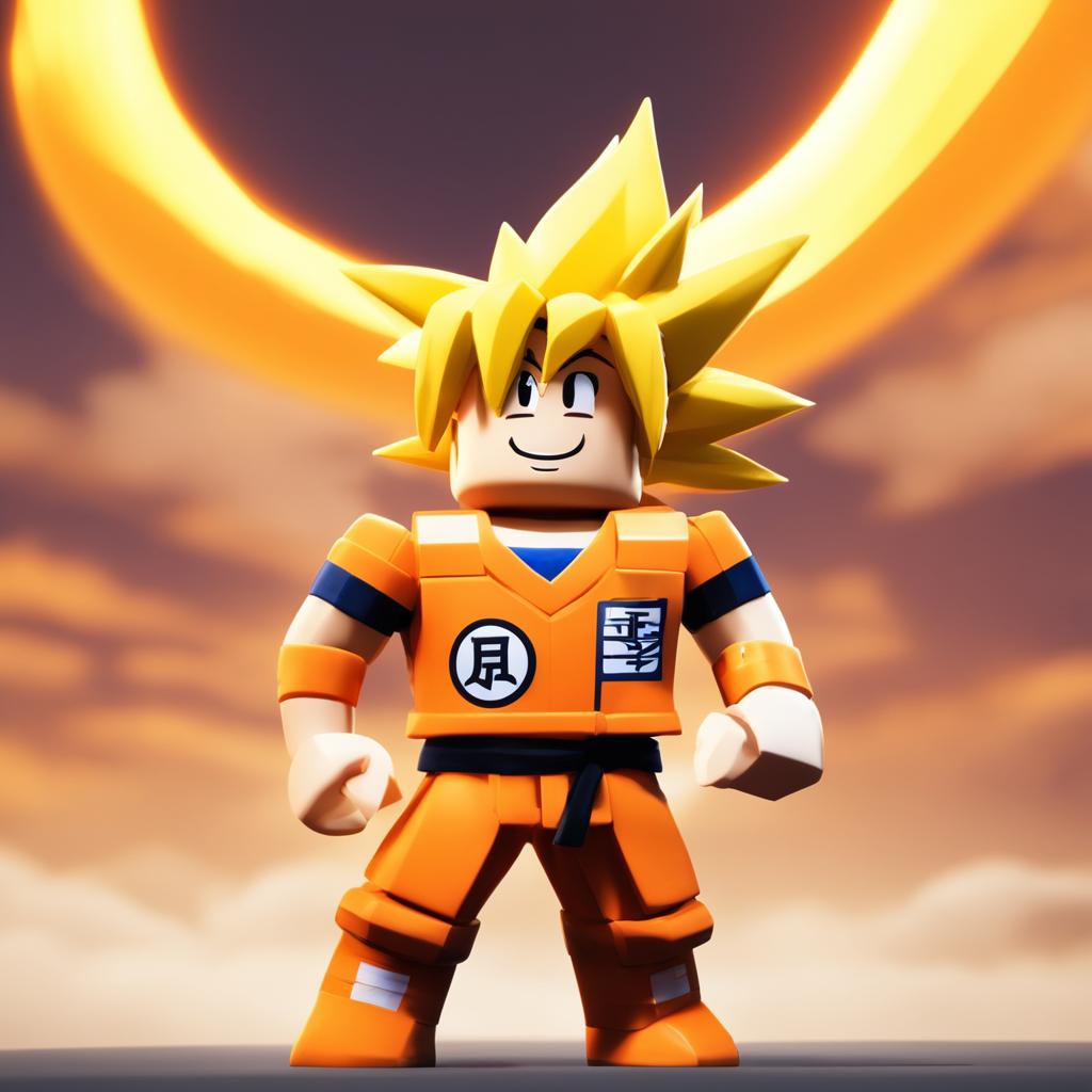 Goku from Dragon Ball reimagined as a Roblox character with blocky yellow hair, square eyes, cubic physique and his traditional orange gi translated into the Roblox world against a minimalist sky background