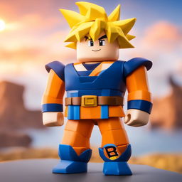 Goku from Dragon Ball reimagined as a Roblox character with blocky yellow hair, square eyes, cubic physique and his traditional orange gi translated into the Roblox world against a minimalist sky background