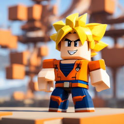 Goku from Dragon Ball reimagined as a Roblox character with blocky yellow hair, square eyes, cubic physique and his traditional orange gi translated into the Roblox world against a minimalist sky background