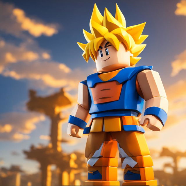 Goku from Dragon Ball reimagined as a Roblox character with blocky yellow hair, square eyes, cubic physique and his traditional orange gi translated into the Roblox world against a minimalist sky background