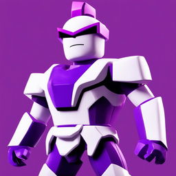 Frieza from Dragon Ball reimagined as a Roblox character with blocky purple and white body, square eyes, cubic physique and his traditional armor translated into the Roblox world against a minimalist space background