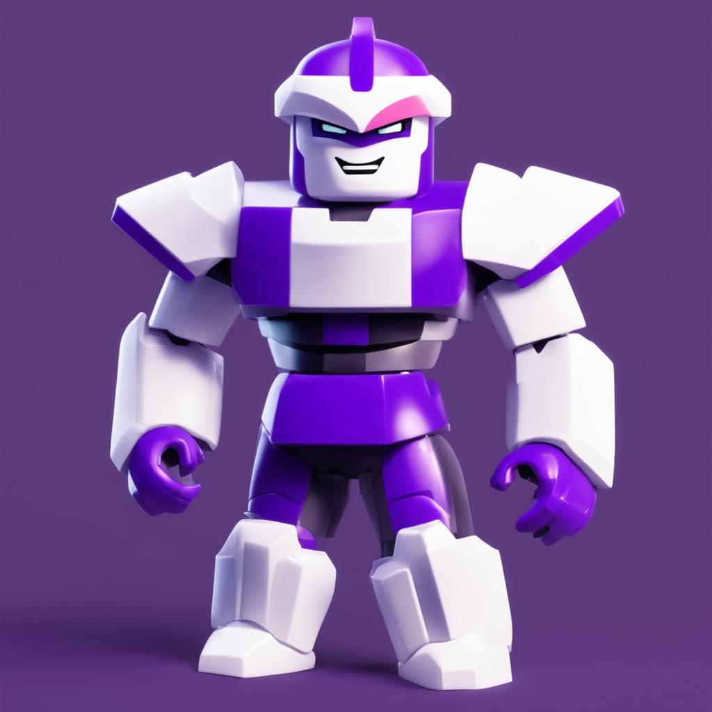 Frieza from Dragon Ball reimagined as a Roblox character with blocky purple and white body, square eyes, cubic physique and his traditional armor translated into the Roblox world against a minimalist space background