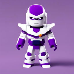 Frieza from Dragon Ball reimagined as a Roblox character with blocky purple and white body, square eyes, cubic physique and his traditional armor translated into the Roblox world against a minimalist space background