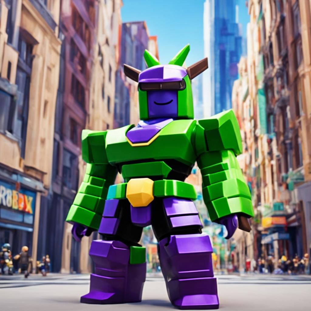 Perfect Cell from Dragon Ball reimagined as a Roblox character with blocky green and purple body, square eyes, cubic physique and his traditional armor translated into the Roblox world against a minimalist cityscape background