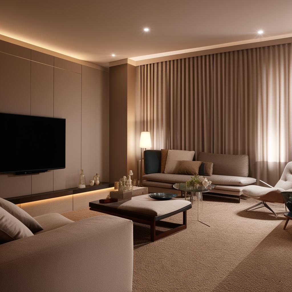 A spacious living room with no windows, illuminated with soft artificial lighting. It features comfortable modern furniture, a large television mounted on the wall, and tasteful interior decor.