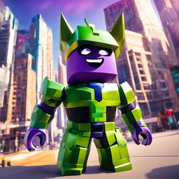 Perfect Cell from Dragon Ball reimagined as a Roblox character with blocky green and purple body, square eyes, cubic physique and his traditional armor translated into the Roblox world against a minimalist cityscape background