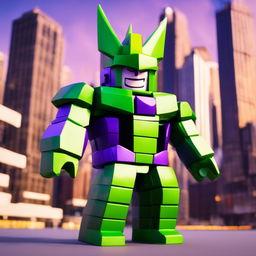 Perfect Cell from Dragon Ball reimagined as a Roblox character with blocky green and purple body, square eyes, cubic physique and his traditional armor translated into the Roblox world against a minimalist cityscape background