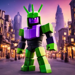 Perfect Cell from Dragon Ball reimagined as a Roblox character with blocky green and purple body, square eyes, cubic physique and his traditional armor translated into the Roblox world against a minimalist cityscape background