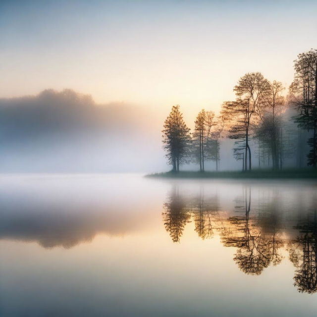 Generate an image of a quiet, serene landscape during dawn, with mist hovering above a calm lake, reflecting the first light of the sun