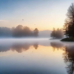 Generate an image of a quiet, serene landscape during dawn, with mist hovering above a calm lake, reflecting the first light of the sun