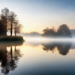 Generate an image of a quiet, serene landscape during dawn, with mist hovering above a calm lake, reflecting the first light of the sun