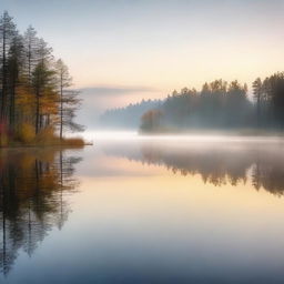 Generate an image of a quiet, serene landscape during dawn, with mist hovering above a calm lake, reflecting the first light of the sun