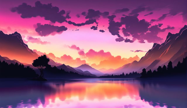 A serene landscape at dusk with mountains bathed in sunset hues, a tranquil lake reflecting the spectacle, and a lone tree standing on the shore