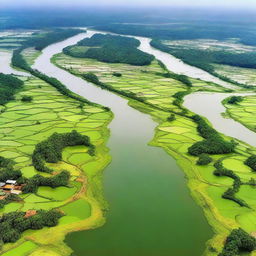 Generate an image depicting a panoramic aerial view of Bangladesh, filled with lush green landscapes, beautiful village scenes and bustling city life with a sweeping river flowing in the center