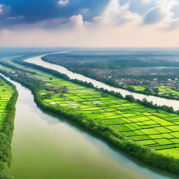 Generate an image depicting a panoramic aerial view of Bangladesh, filled with lush green landscapes, beautiful village scenes and bustling city life with a sweeping river flowing in the center