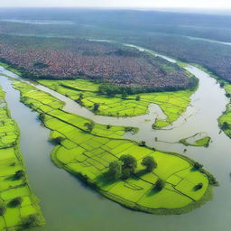 Generate an image depicting a panoramic aerial view of Bangladesh, filled with lush green landscapes, beautiful village scenes and bustling city life with a sweeping river flowing in the center