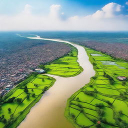 Generate an image depicting a panoramic aerial view of Bangladesh, filled with lush green landscapes, beautiful village scenes and bustling city life with a sweeping river flowing in the center