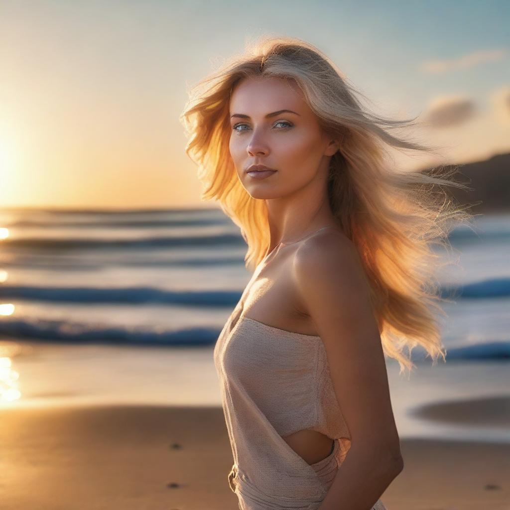 A hyperrealistic depiction of an attractive blonde woman standing on a beach, with the sun setting eloquently in the background