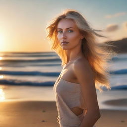 A hyperrealistic depiction of an attractive blonde woman standing on a beach, with the sun setting eloquently in the background