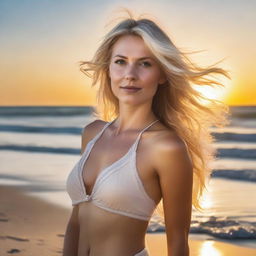 A hyperrealistic depiction of an attractive blonde woman standing on a beach, with the sun setting eloquently in the background