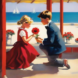 A young boy, dressed smartly, on bended knee presenting a vibrant red flower to a astonished girl in a atmospheric beachside cafe