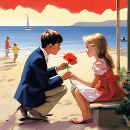 A young boy, dressed smartly, on bended knee presenting a vibrant red flower to a astonished girl in a atmospheric beachside cafe