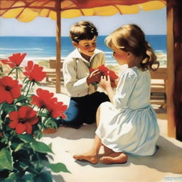 A young boy, dressed smartly, on bended knee presenting a vibrant red flower to a astonished girl in a atmospheric beachside cafe