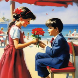 A young boy, dressed smartly, on bended knee presenting a vibrant red flower to a astonished girl in a atmospheric beachside cafe