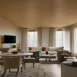 An open-concept space that combines a stylish living area with comfortable sofas and a flat-screen TV, and a contemporary dining area with a large table and cushioned chairs.