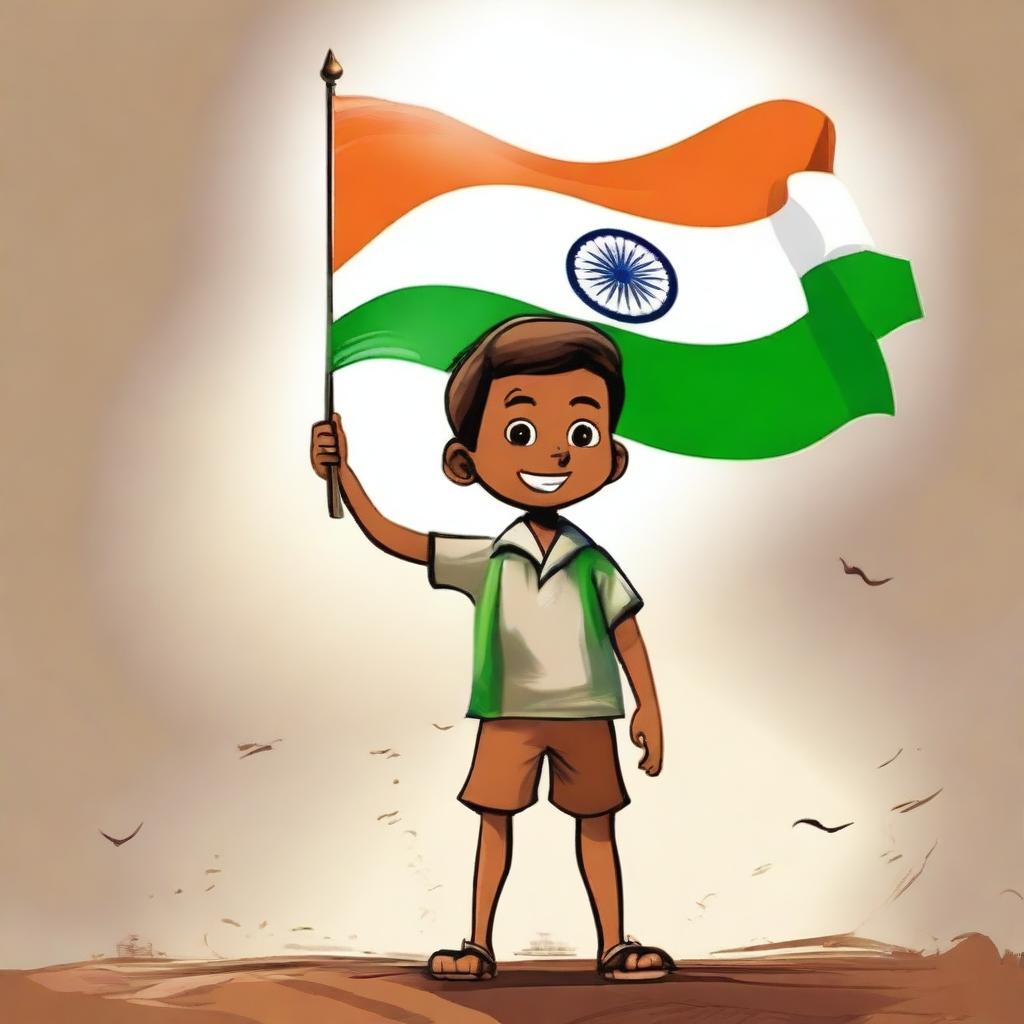 A brave young boy, pride shining in his eyes, stands tall while holding an Indian flag waving gently in the breeze.