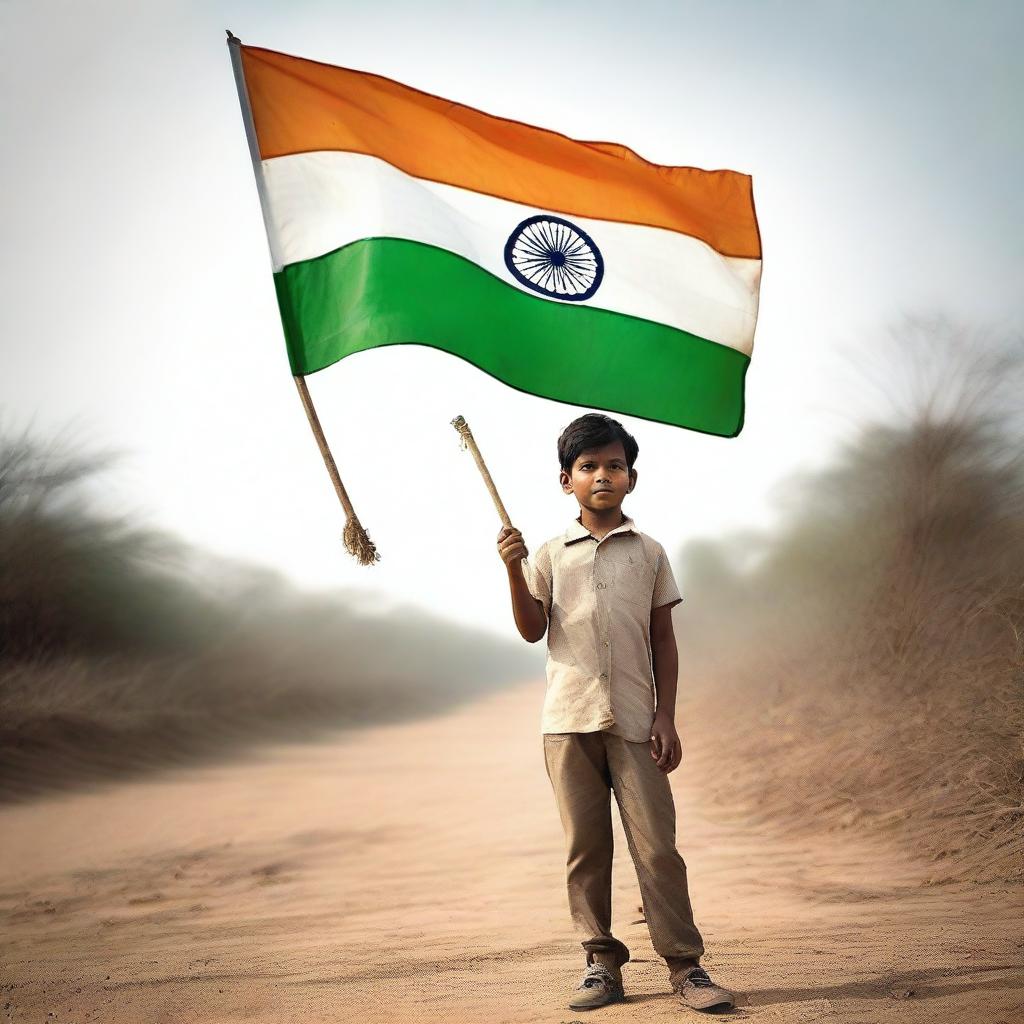 A brave young boy, pride shining in his eyes, stands tall while holding an Indian flag waving gently in the breeze.