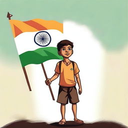 A brave young boy, pride shining in his eyes, stands tall while holding an Indian flag waving gently in the breeze.