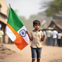 A brave young boy, pride shining in his eyes, stands tall while holding an Indian flag waving gently in the breeze.