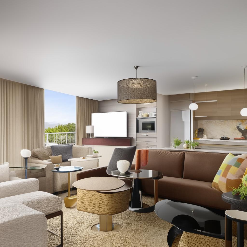 An open-concept space that combines a stylish living area with comfortable sofas and a flat-screen TV, and a contemporary dining area with a large table and cushioned chairs.