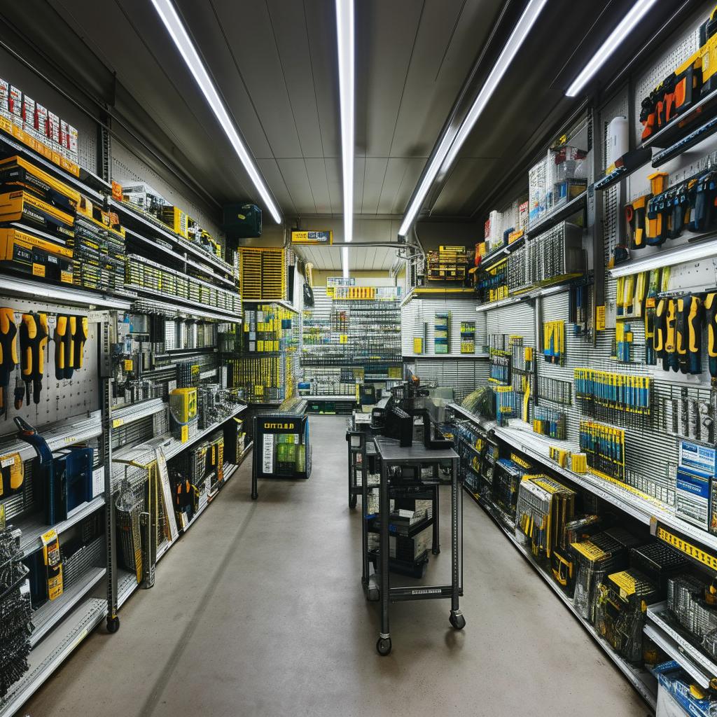 A well-organized hardware shop filled with various tools and equipment, lit under fluorescent lights with shelves lining the walls and centre of the shop.