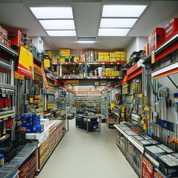 A well-organized hardware shop filled with various tools and equipment, lit under fluorescent lights with shelves lining the walls and centre of the shop.