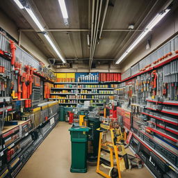 A well-organized hardware shop filled with various tools and equipment, lit under fluorescent lights with shelves lining the walls and centre of the shop.