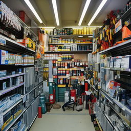 A well-organized hardware shop filled with various tools and equipment, lit under fluorescent lights with shelves lining the walls and centre of the shop.