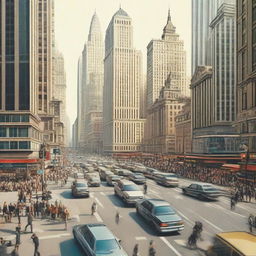 An intricate image of a bustling city with skyscrapers, busy streets, and people going about their business amounting to a scenic urban scape