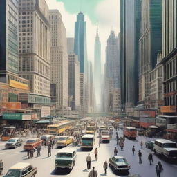 An intricate image of a bustling city with skyscrapers, busy streets, and people going about their business amounting to a scenic urban scape